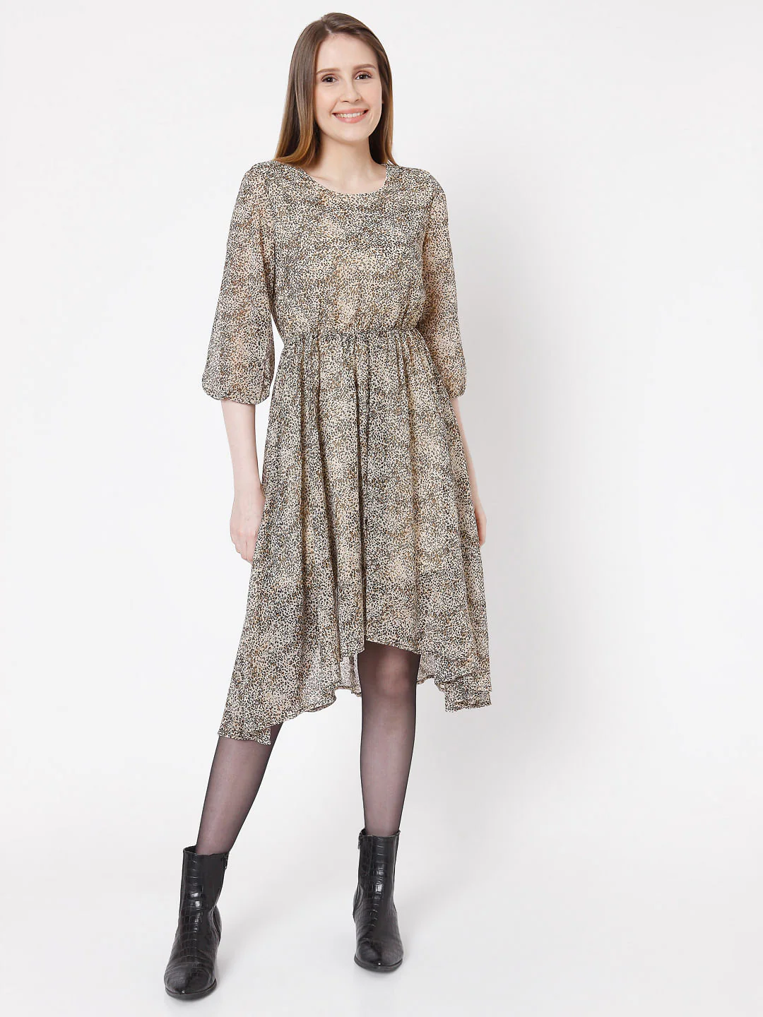 Beige Animal Print Fit & Flare Dress - Image 2