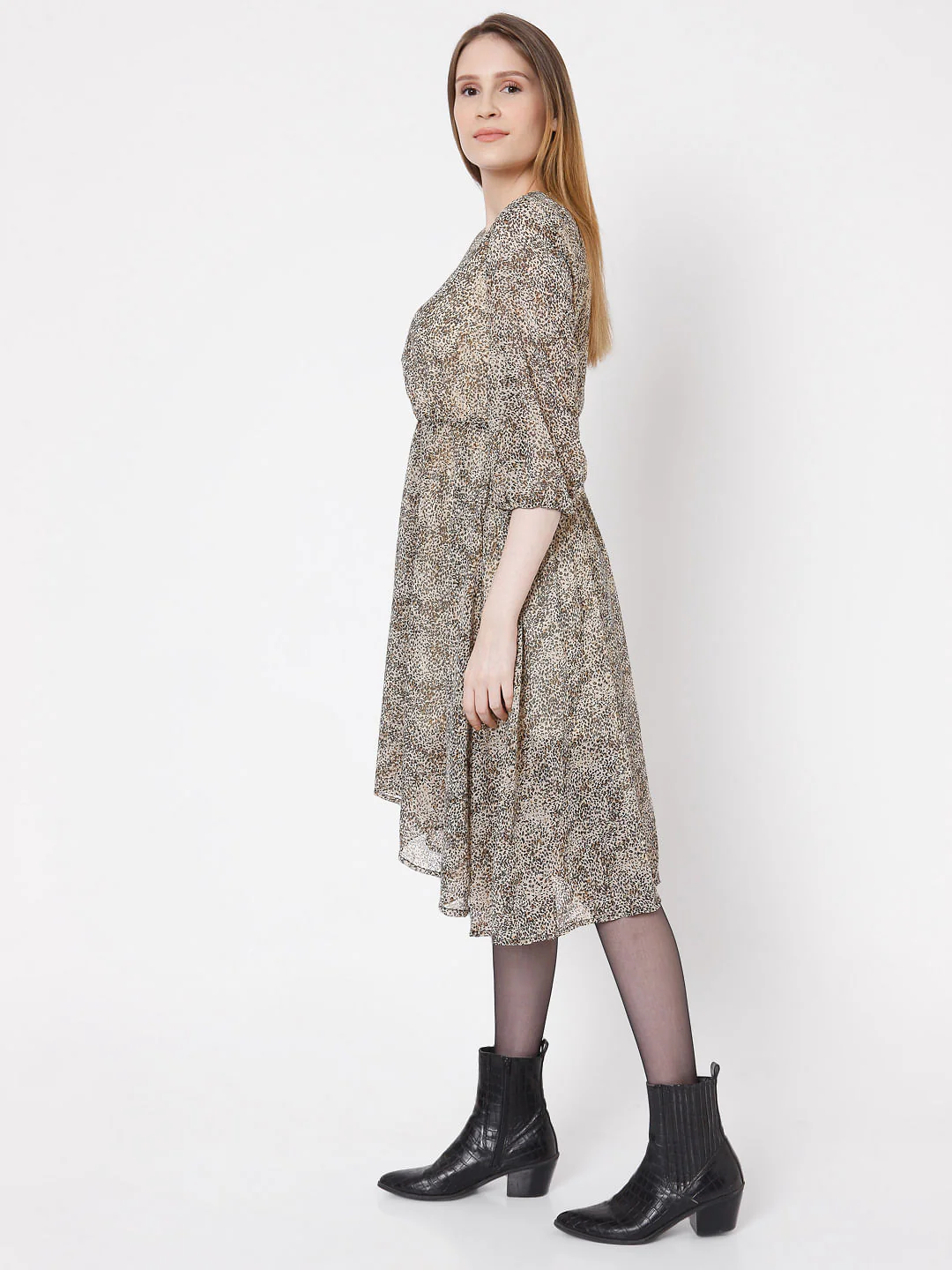 Beige Animal Print Fit & Flare Dress - Image 3
