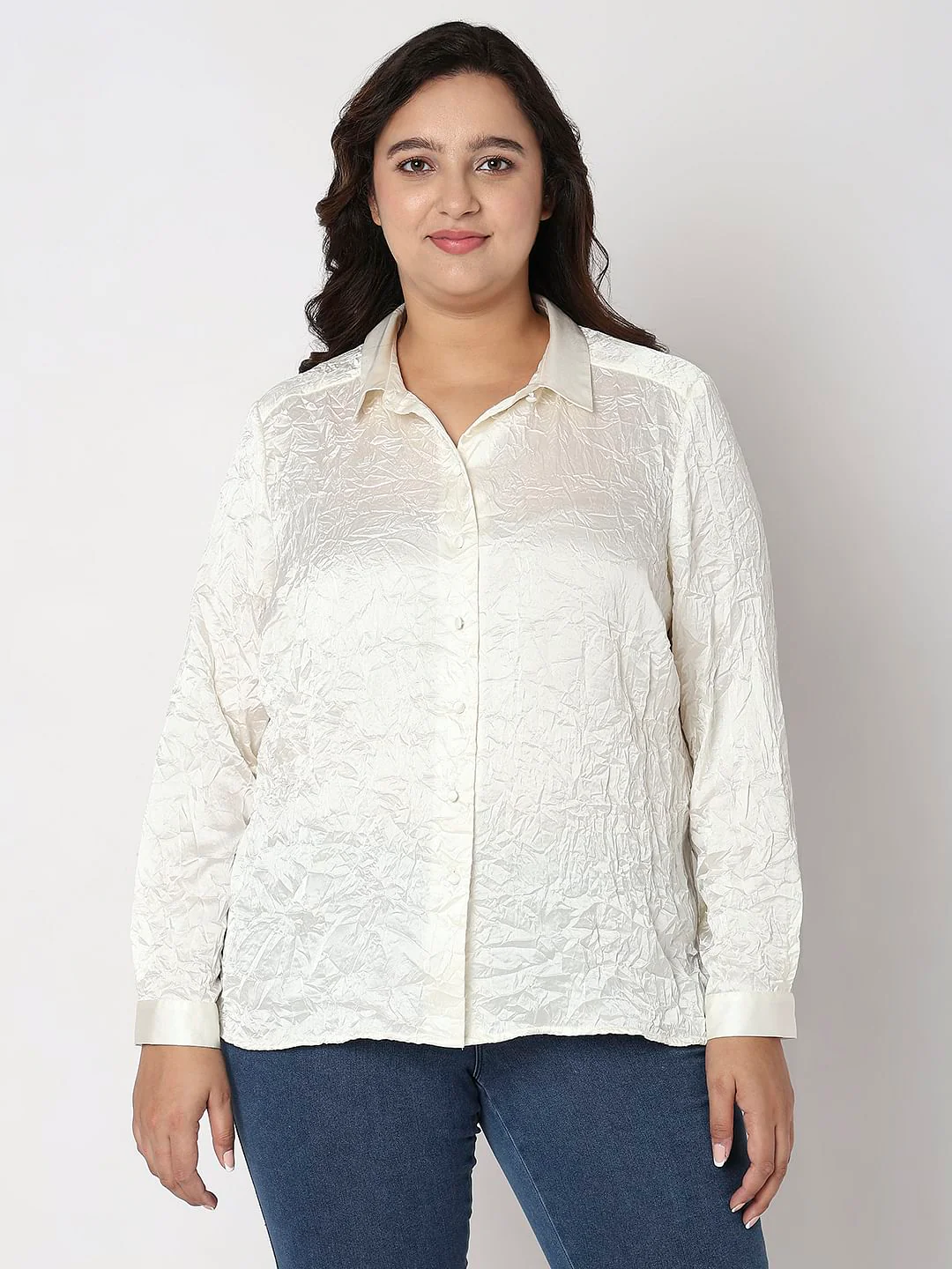 Curve Off-White Wrinkle Satin Shirt - Image 2
