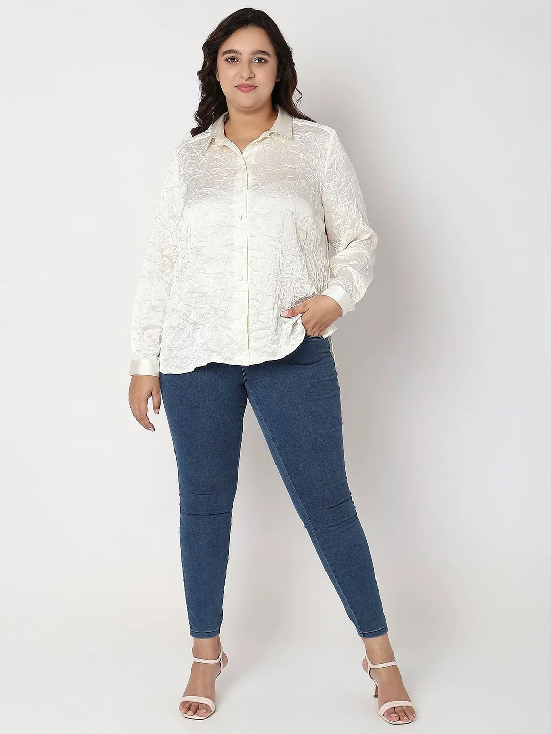 Curve Off-White Wrinkle Satin Shirt - Image 5