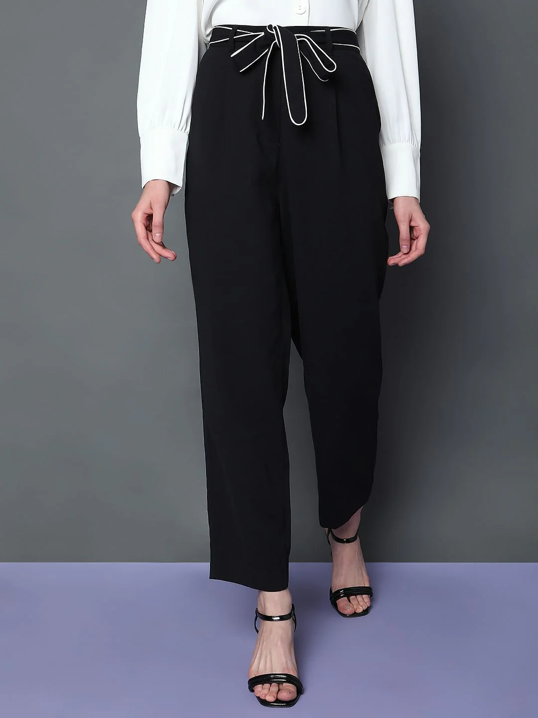 Black Mid Rise Belted Pants - Image 2
