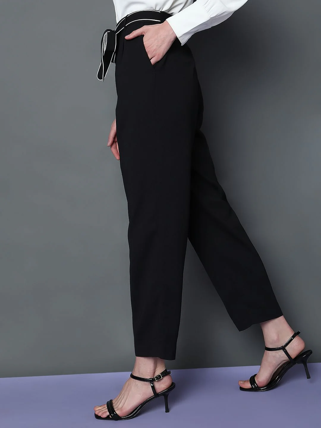 Black Mid Rise Belted Pants - Image 3