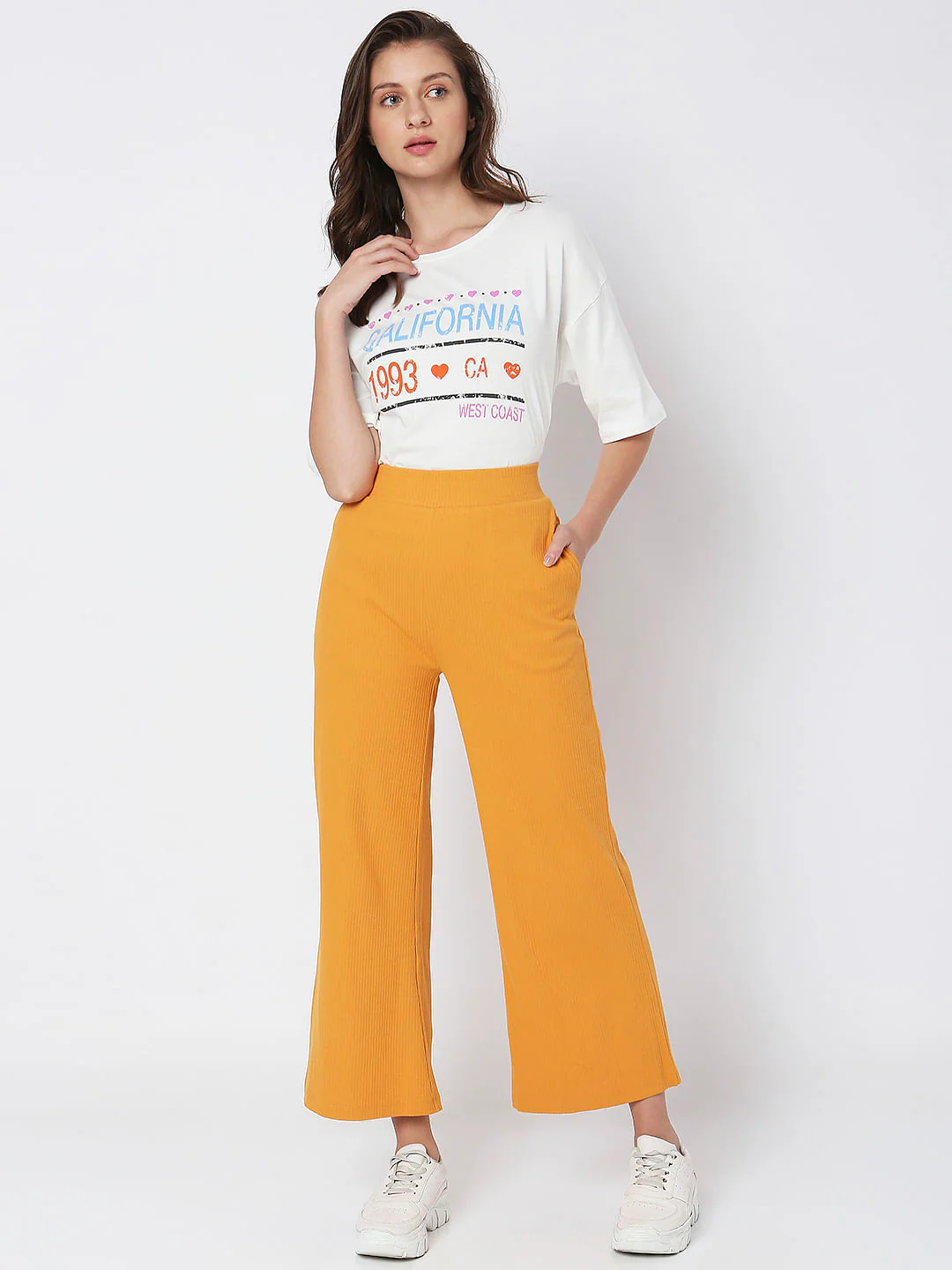 Orange High Rise Ribbed Wide Leg Pants - Image 5