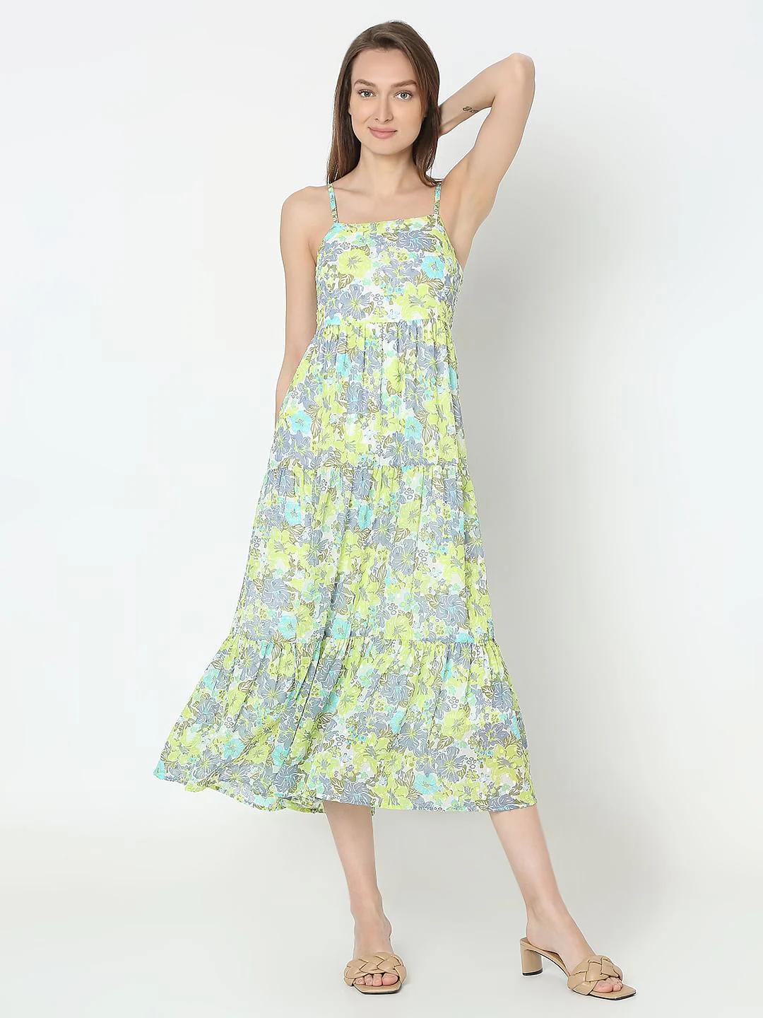Green Floral Print Tiered Dress - Image 2
