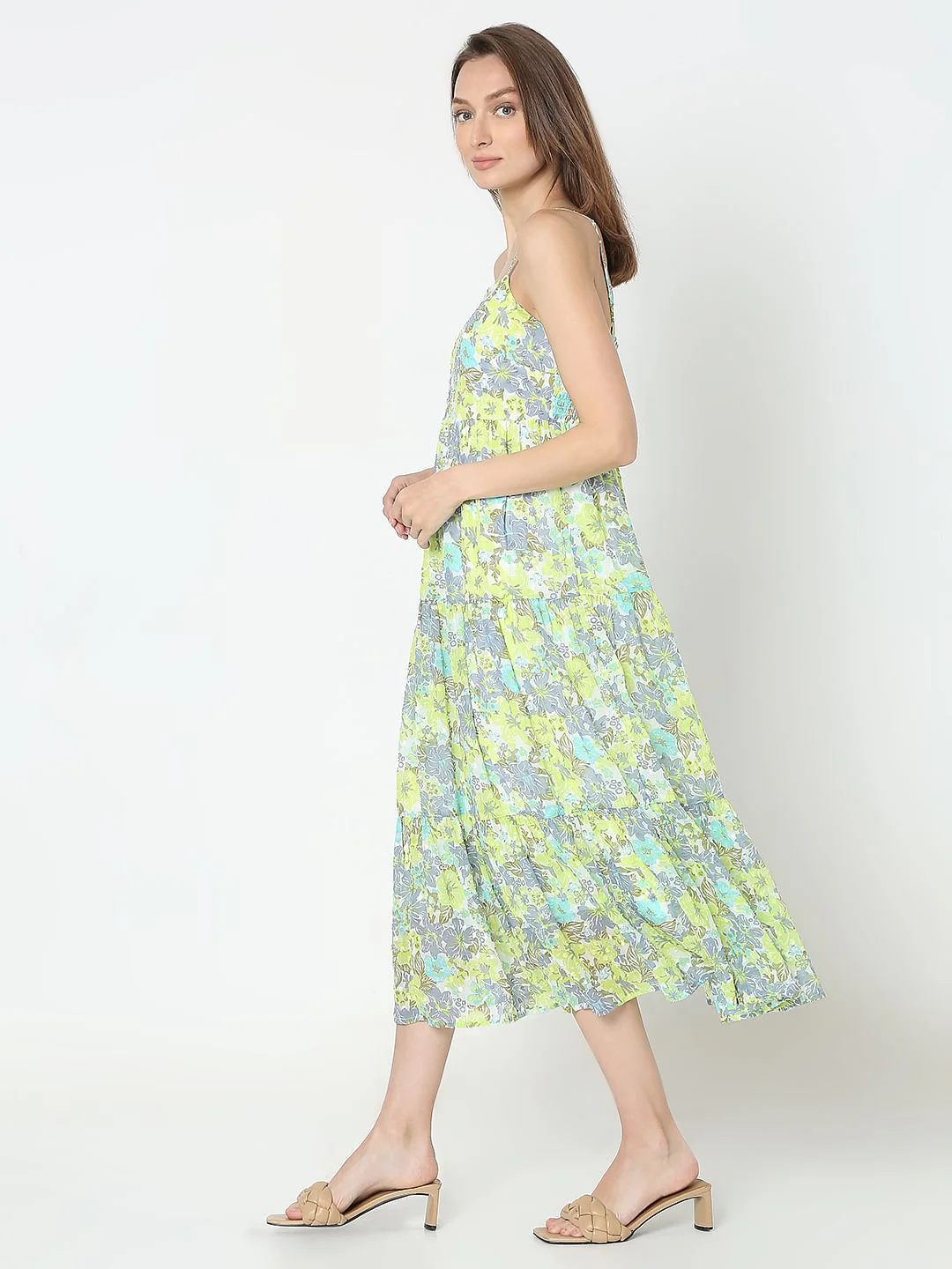 Green Floral Print Tiered Dress - Image 3