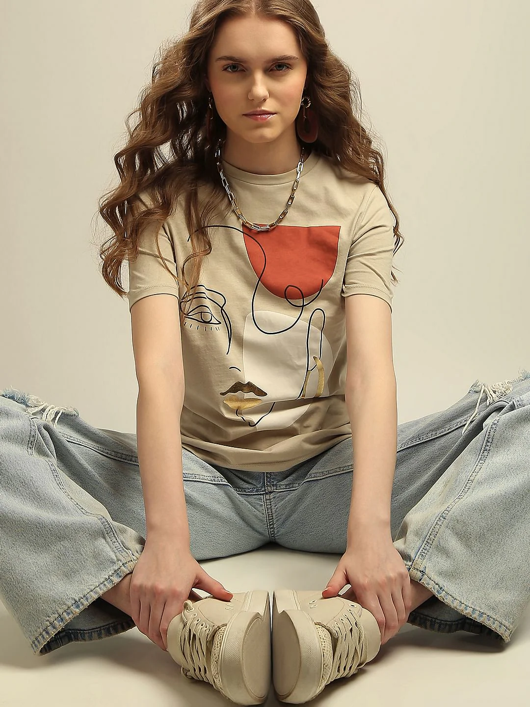Beige Abstract Print T-Shirt