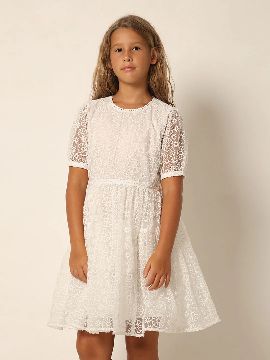 Girls White Floral Textured Dress - Image 2