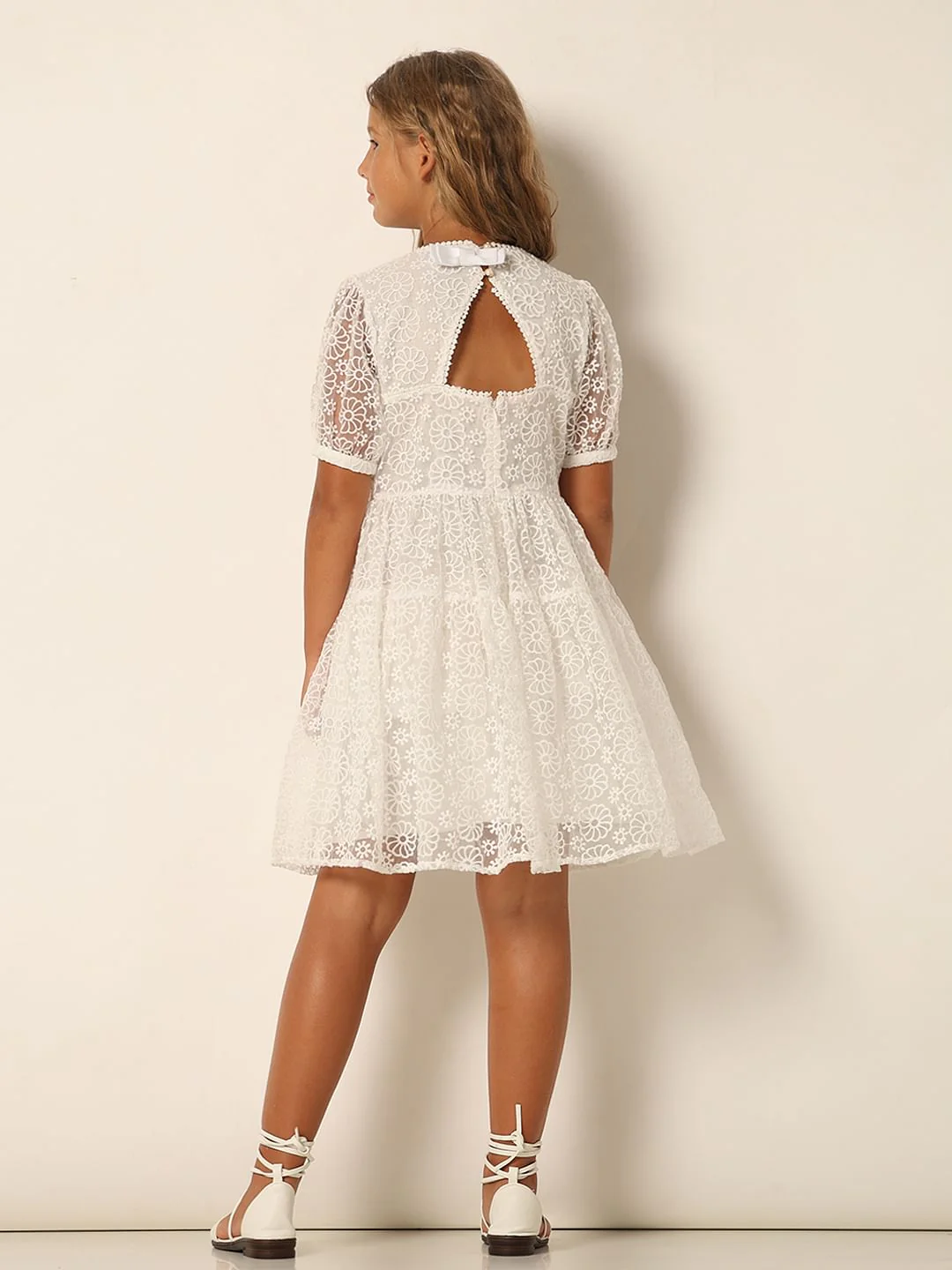 Girls White Floral Textured Dress - Image 3
