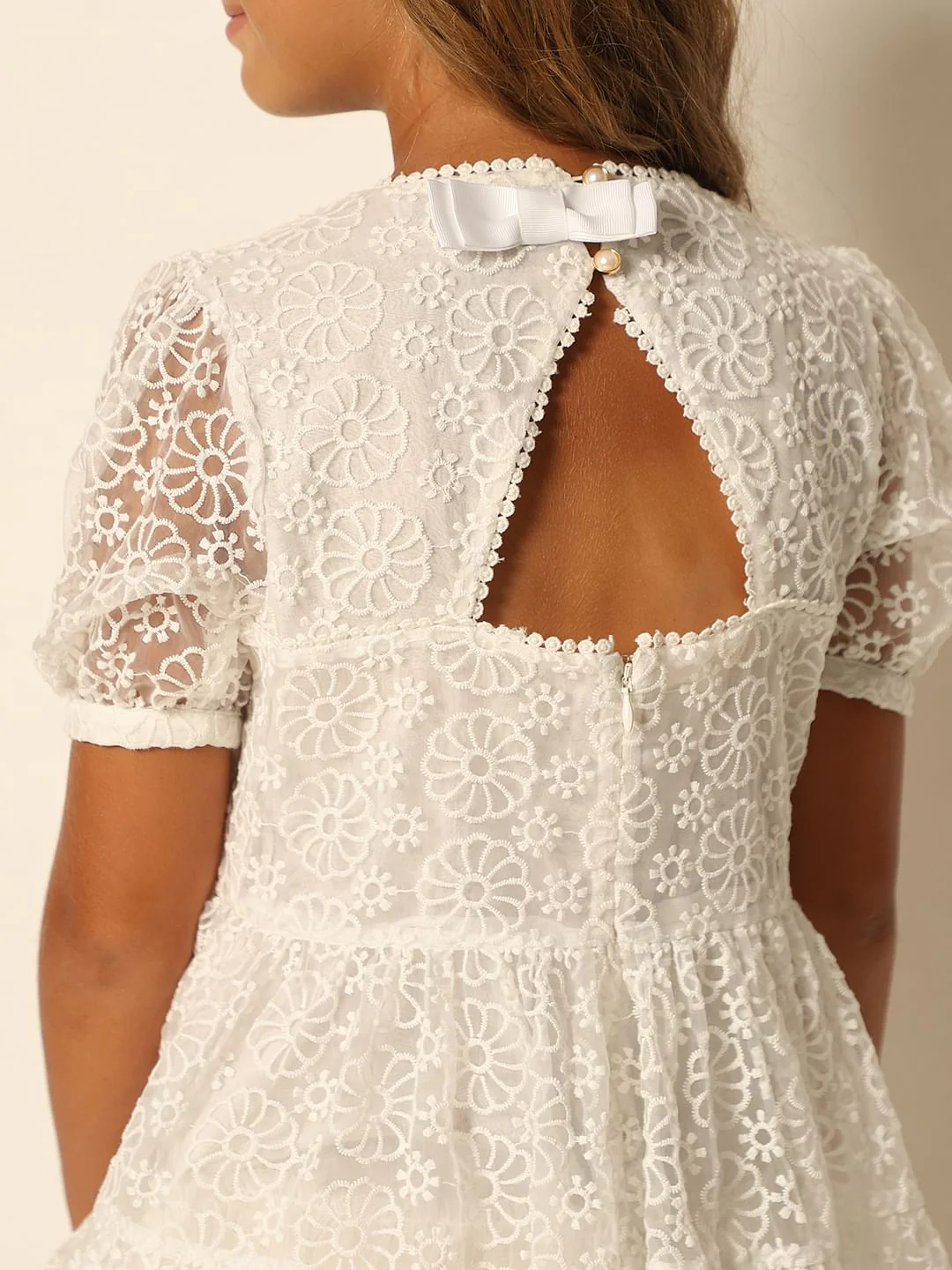 Girls White Floral Textured Dress - Image 5