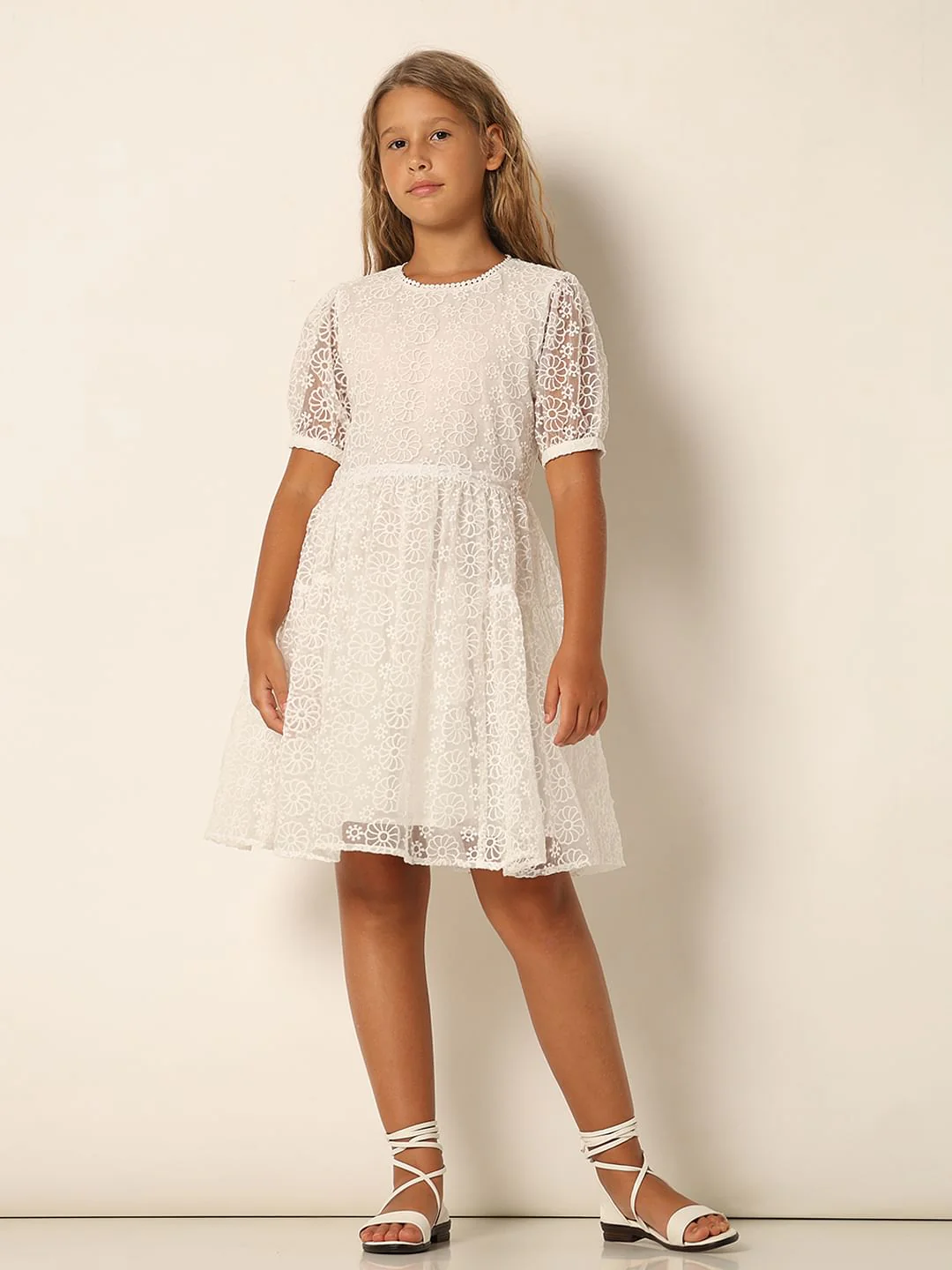 Girls White Floral Textured Dress - Image 6