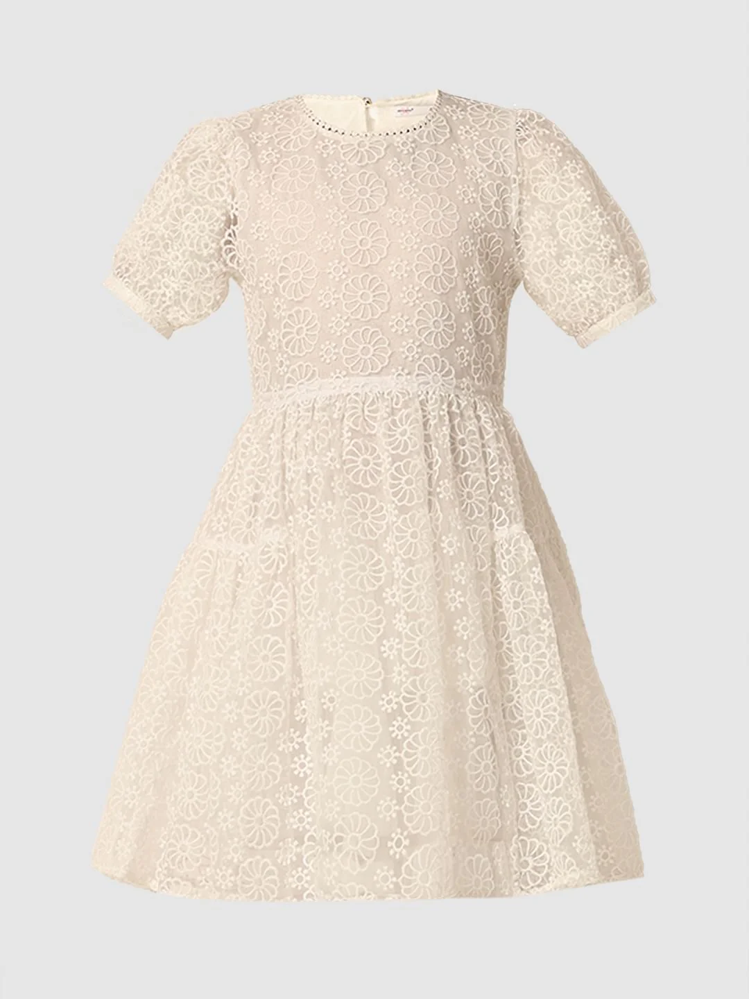 Girls White Floral Textured Dress - Image 7