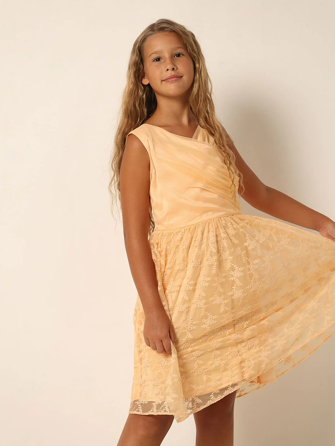 Girls Peach Fit & Flare Party Dress - Image 2