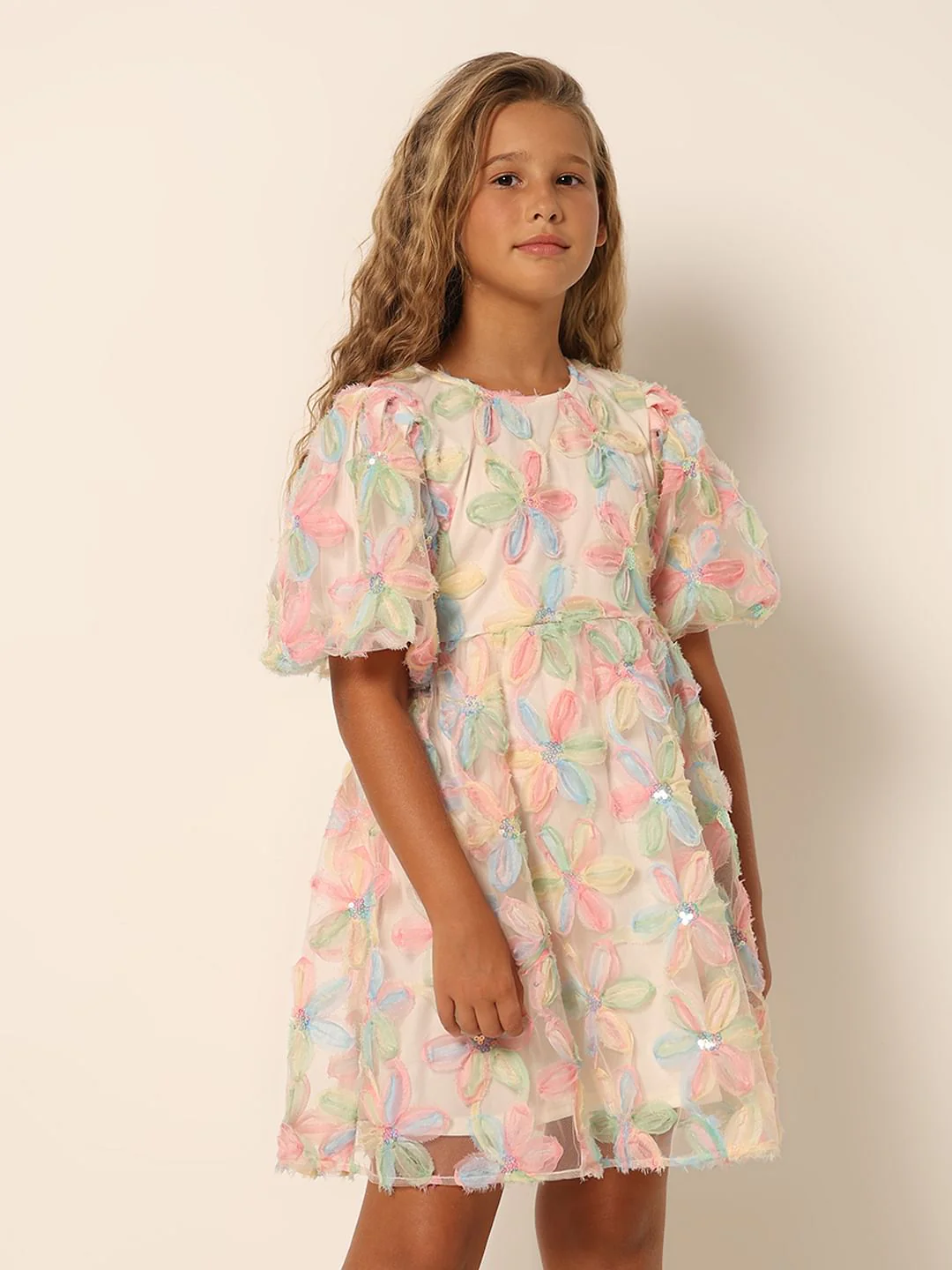 Girls White Textured Fit & Flare Dress - Image 2