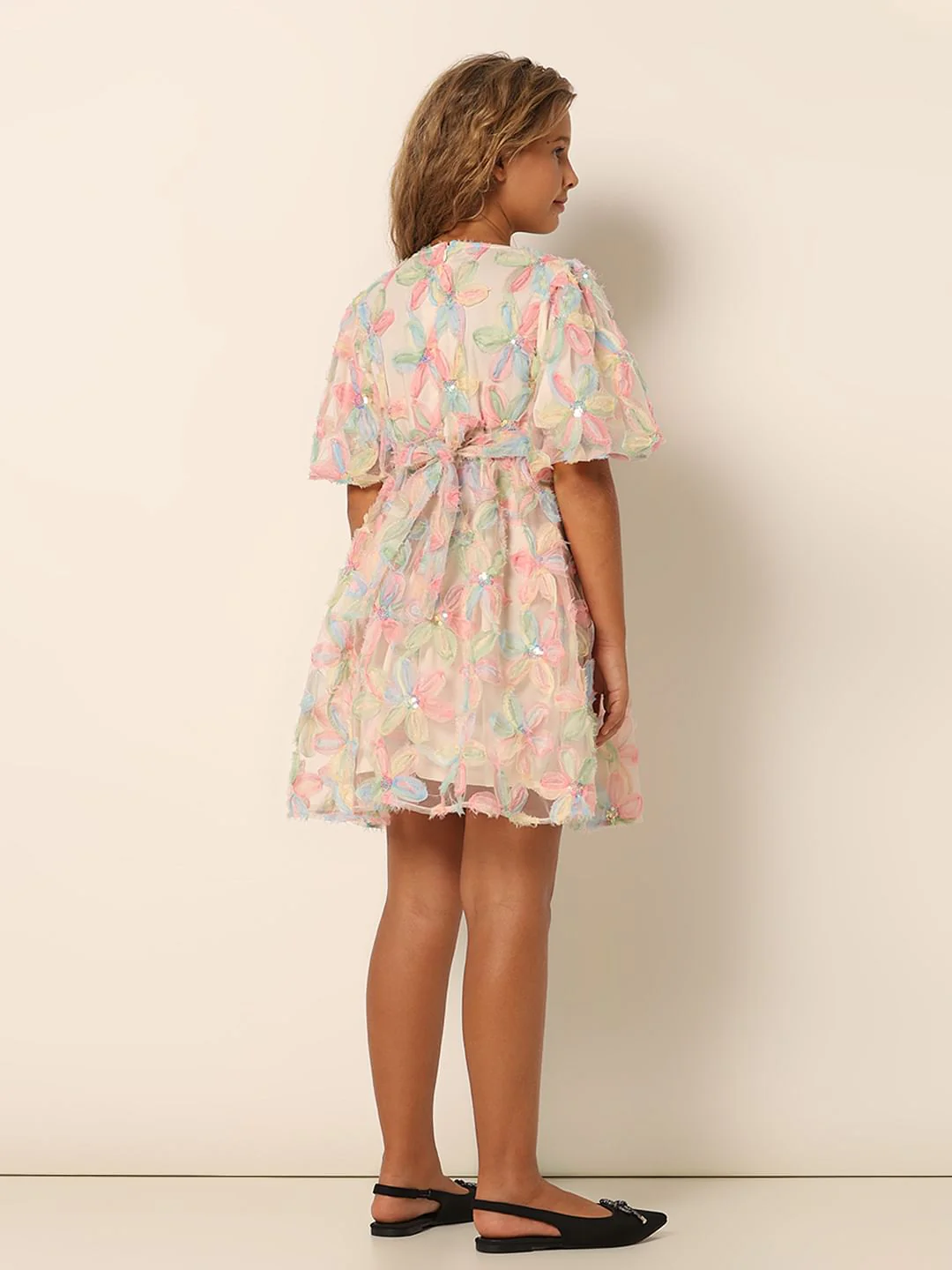 Girls White Textured Fit & Flare Dress - Image 3
