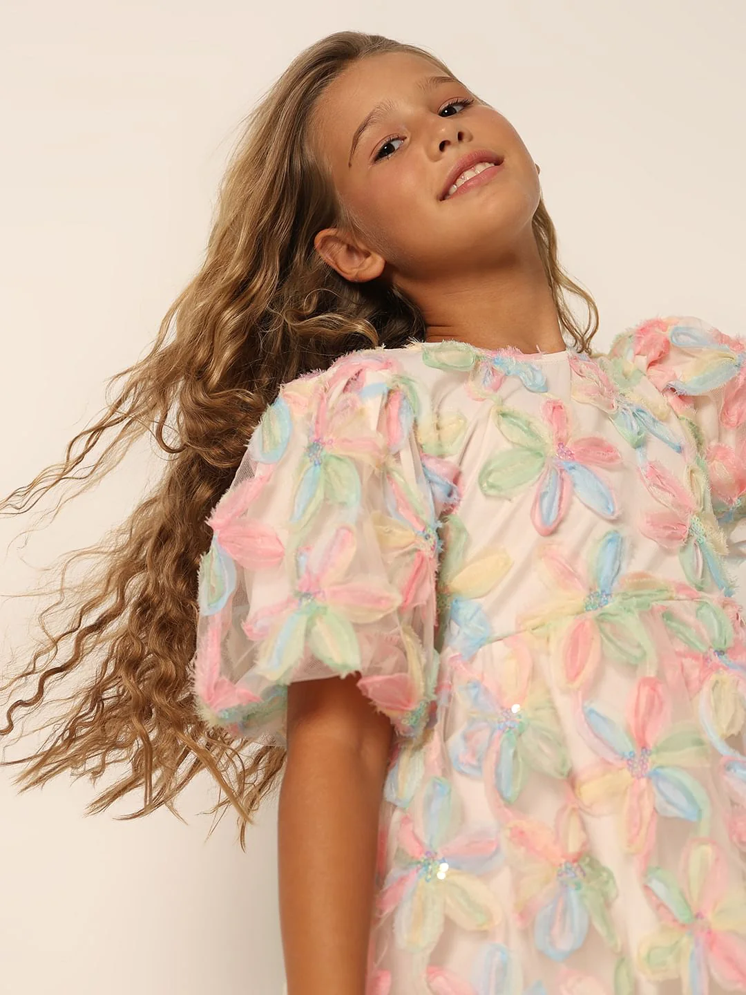 Girls White Textured Fit & Flare Dress - Image 4
