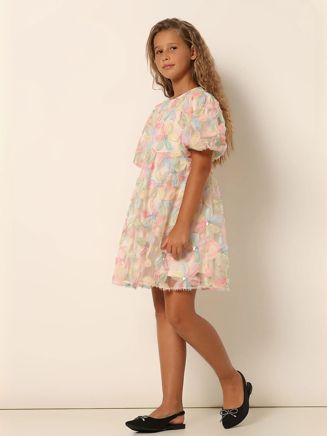 Girls White Textured Fit & Flare Dress - Image 5