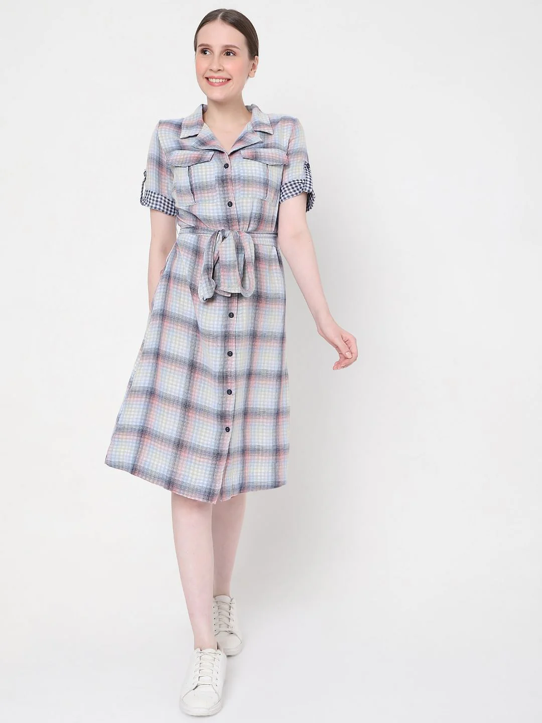 Blue Check Shirt Dress - Image 5