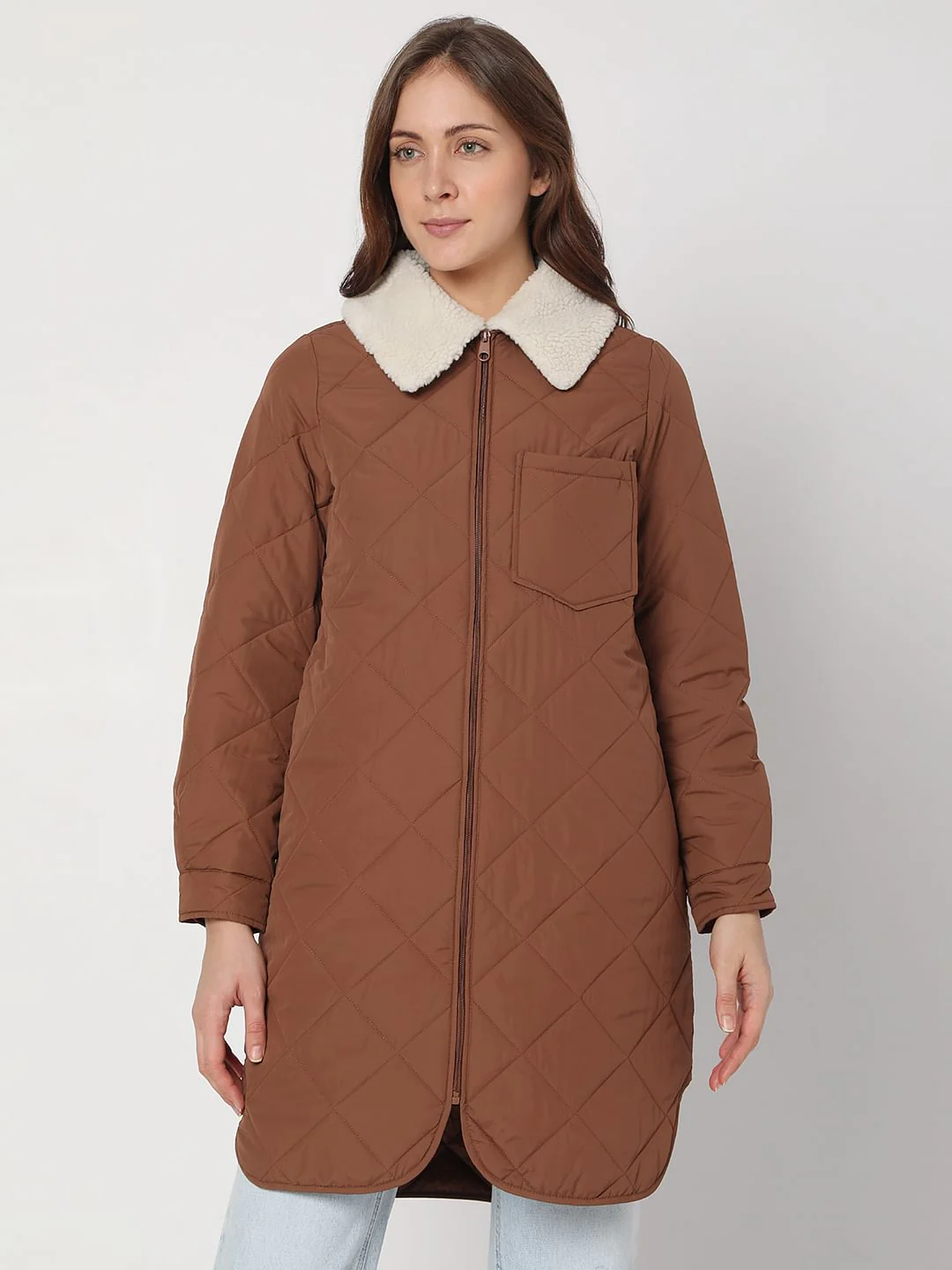Brown Sherpa Collar Puffer Jacket - Image 2