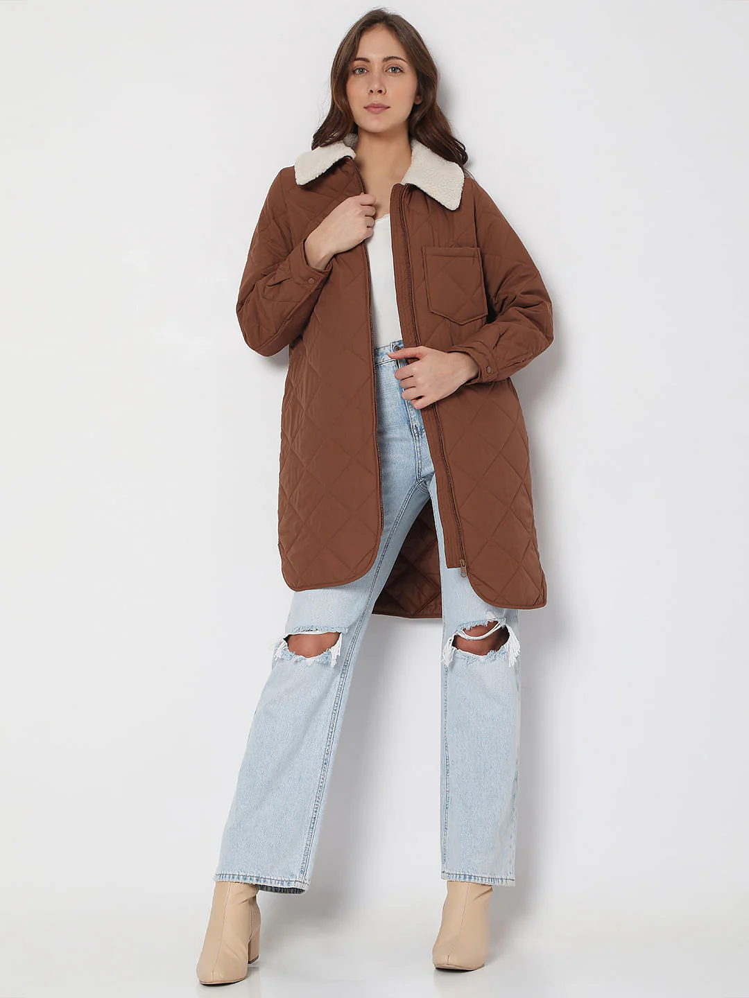 Brown Sherpa Collar Puffer Jacket - Image 5
