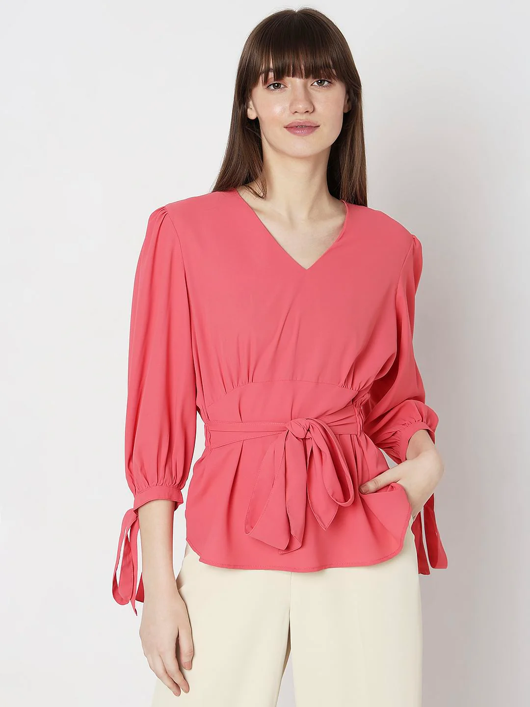 Coral Puff Sleeves Top - Image 2
