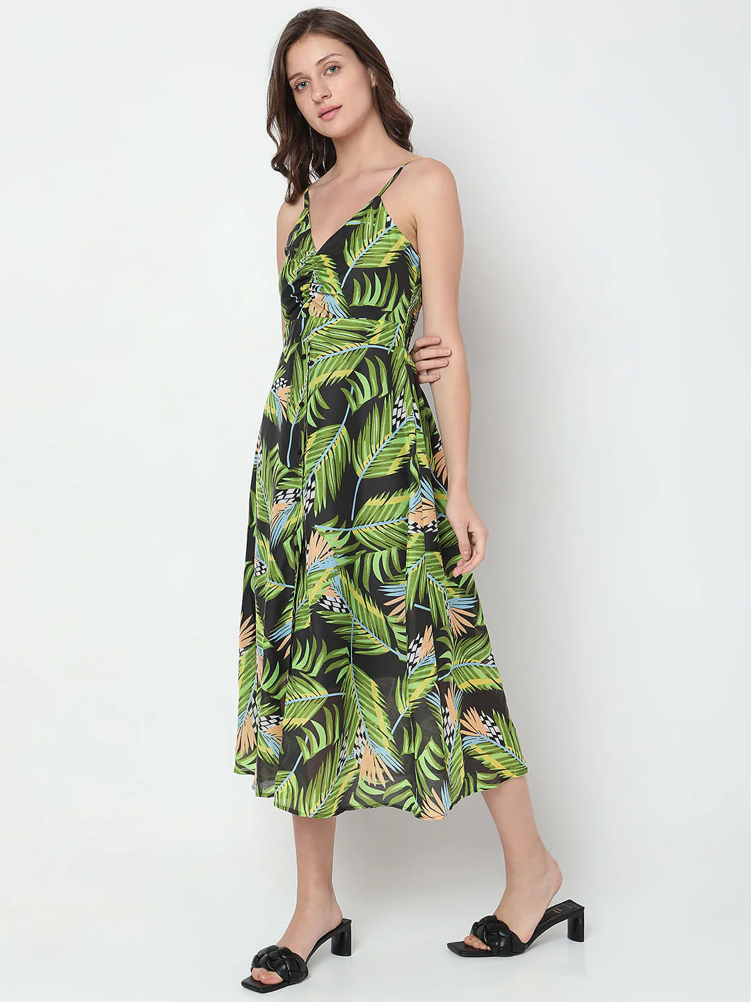 Green Tropical Print Midi Dress - Image 3