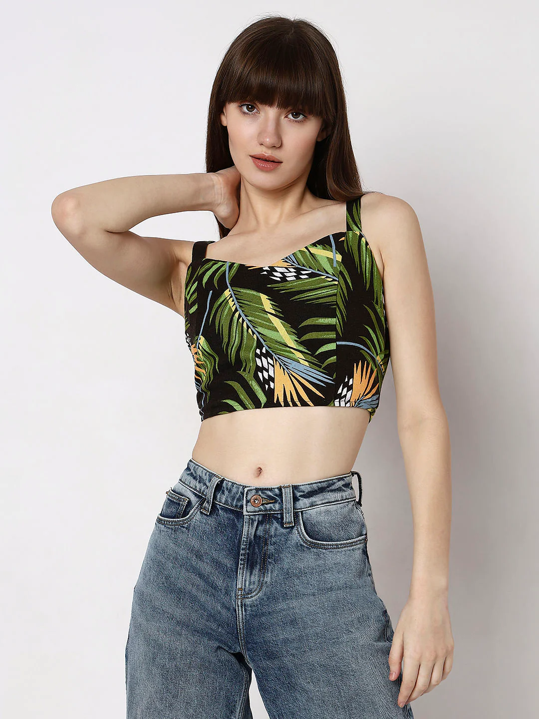 Black Tropical Print Crop Top - Image 2