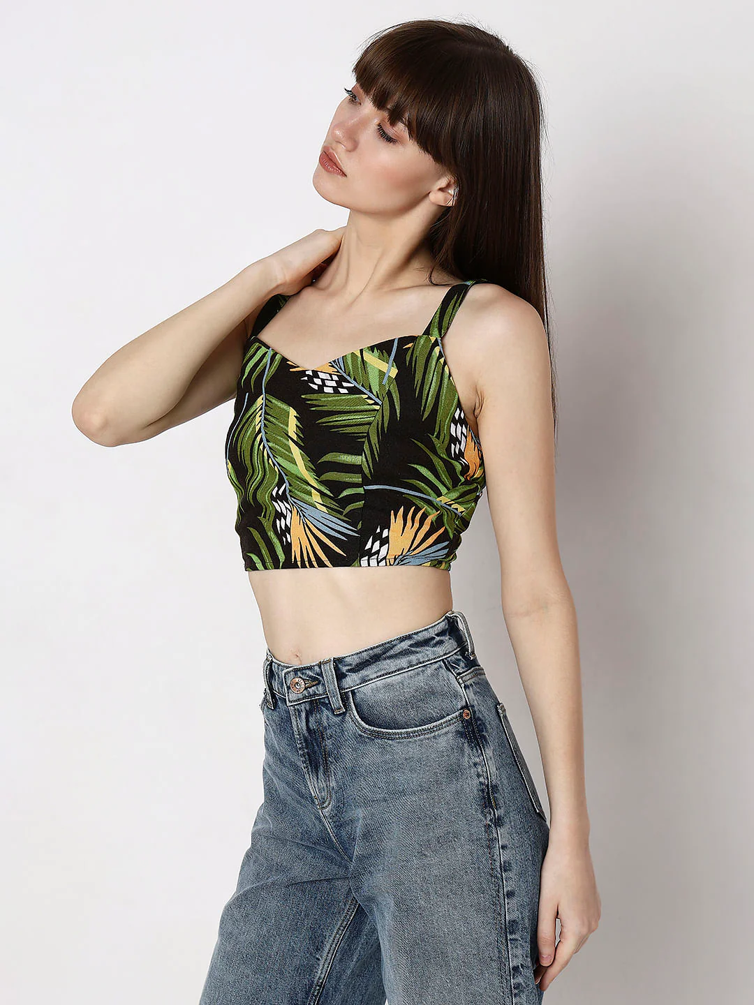 Black Tropical Print Crop Top - Image 3