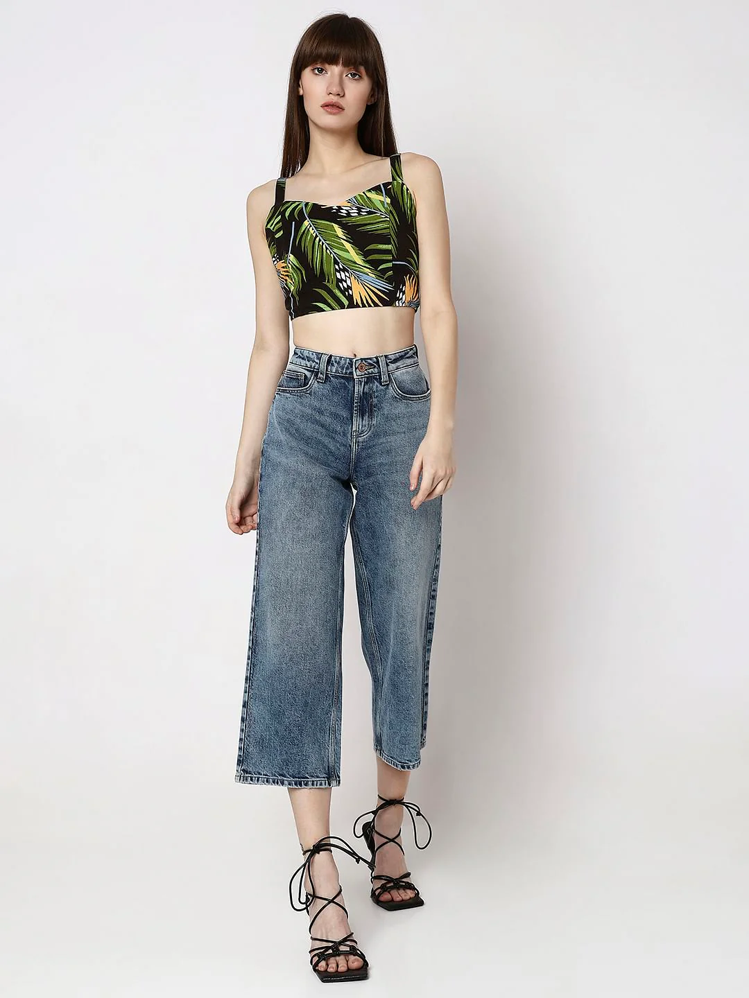 Black Tropical Print Crop Top - Image 5