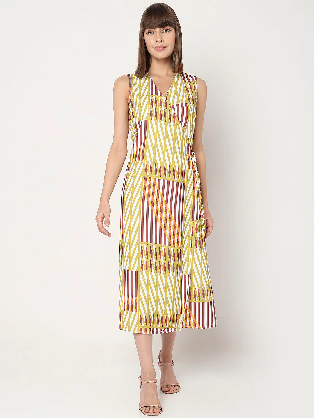 Yellow Printed Wrap Midi Dress - Image 2