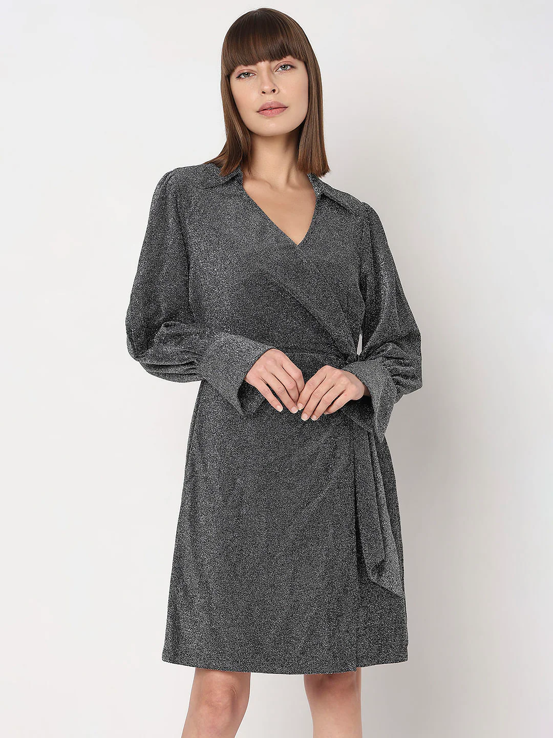 Black Lurex Knit Wrap Dress - Image 2