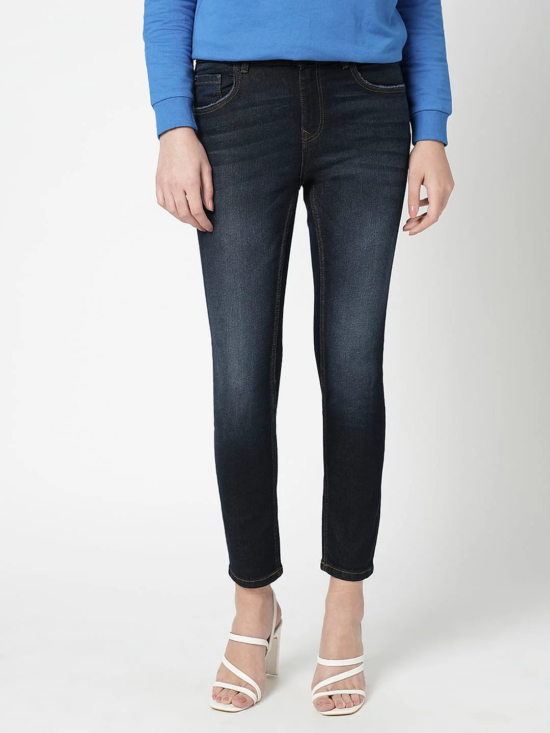I.Scenery By Vero Moda Dark Blue Mid Rise Washed Wendy Skinny Jeans - Image 2