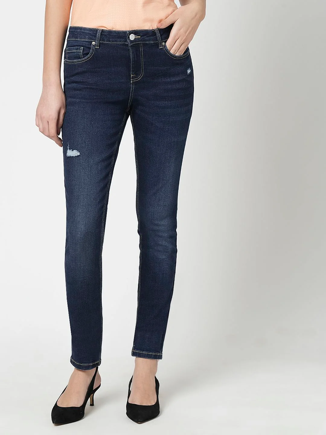 I.Scenery By Vero Moda Dark Blue Mid Rise Distressed Wendy Skinny Jeans - Image 2