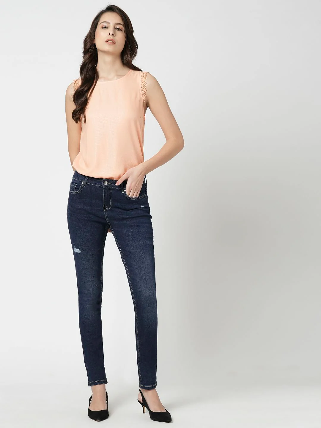 I.Scenery By Vero Moda Dark Blue Mid Rise Distressed Wendy Skinny Jeans - Image 5