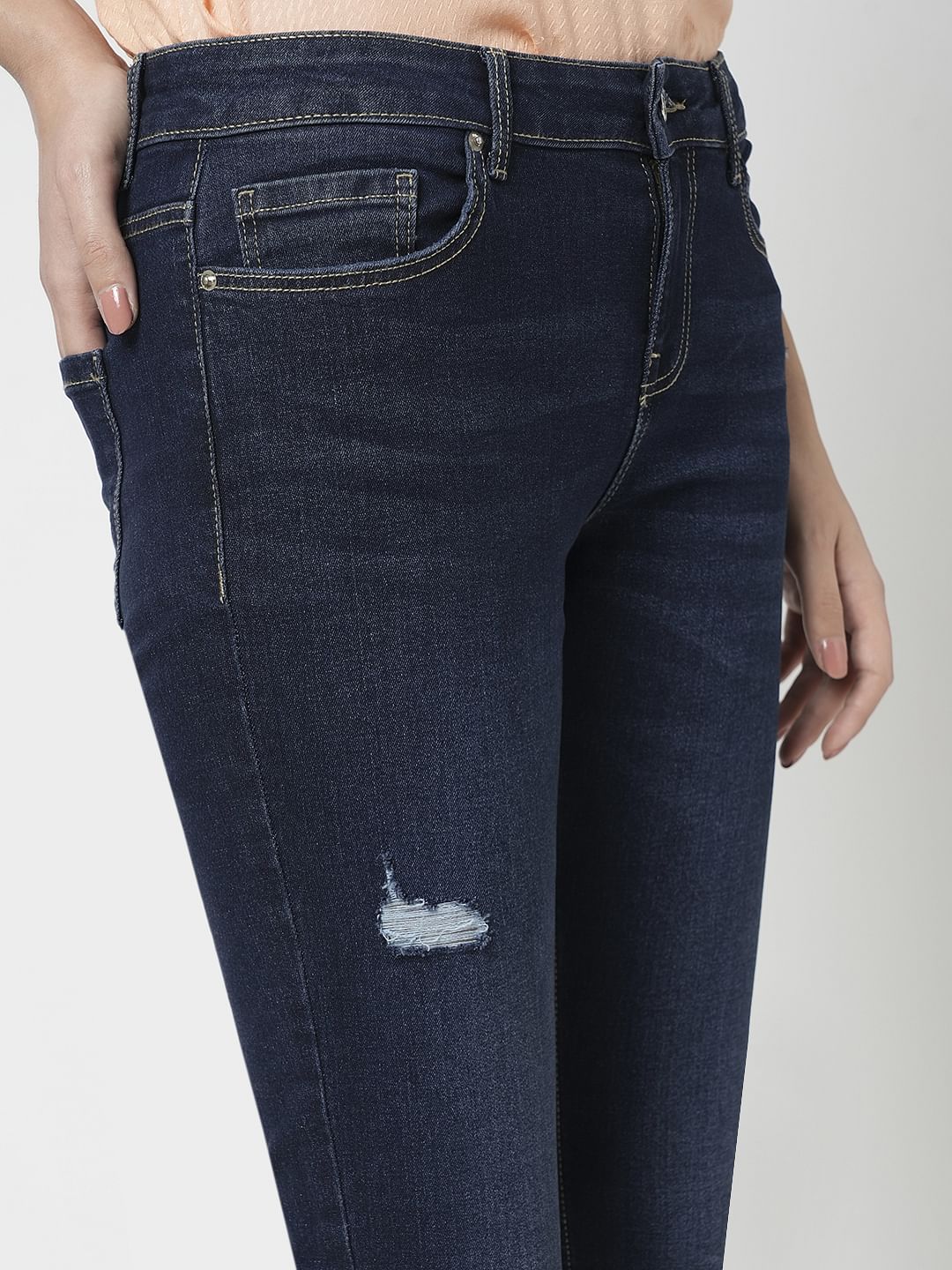 I.Scenery By Vero Moda Dark Blue Mid Rise Distressed Wendy Skinny Jeans - Image 6