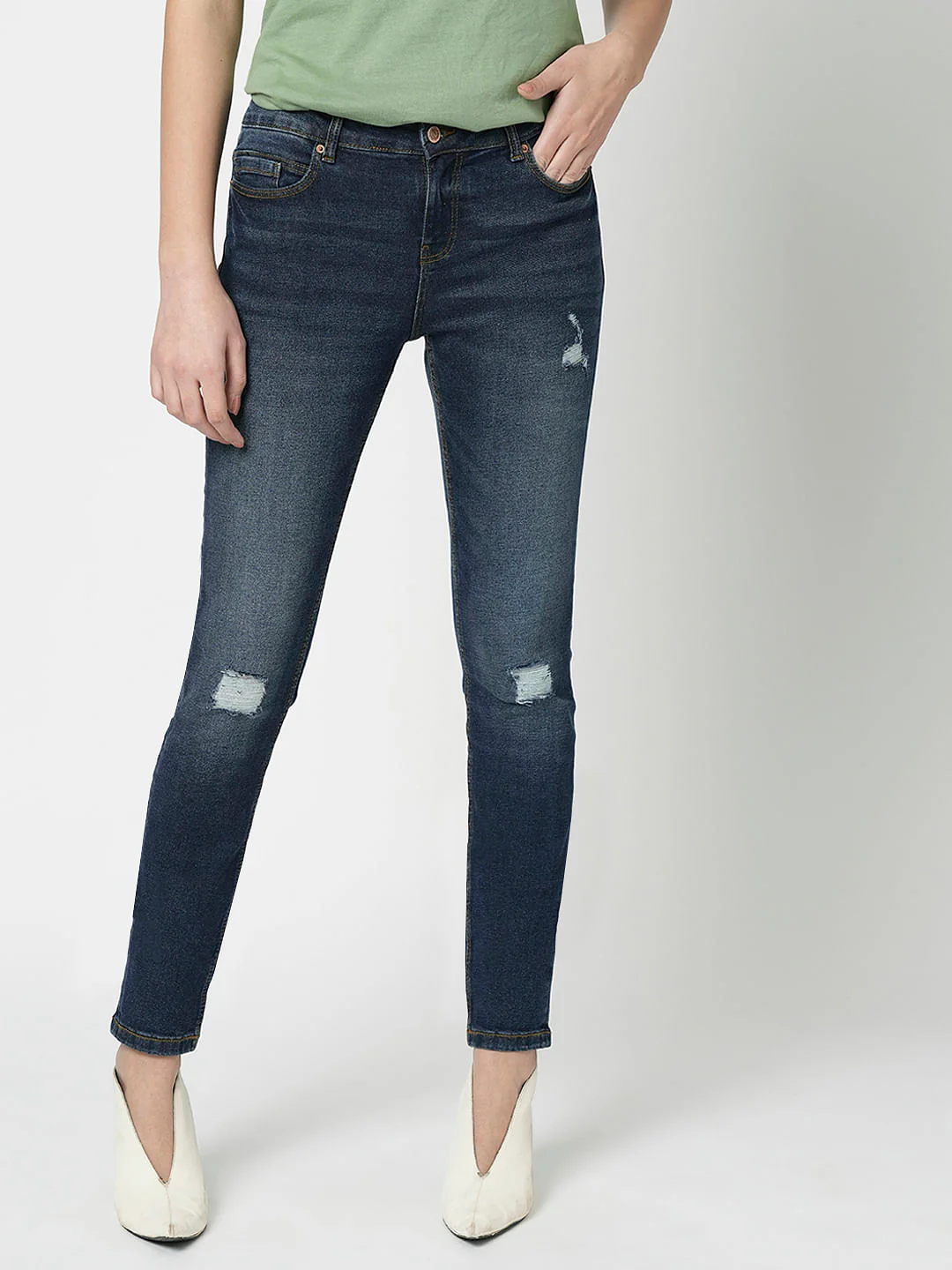 I.Scenery By Vero Moda Dark Blue Mid Rise Distressed Wendy Skinny Jeans - Image 2