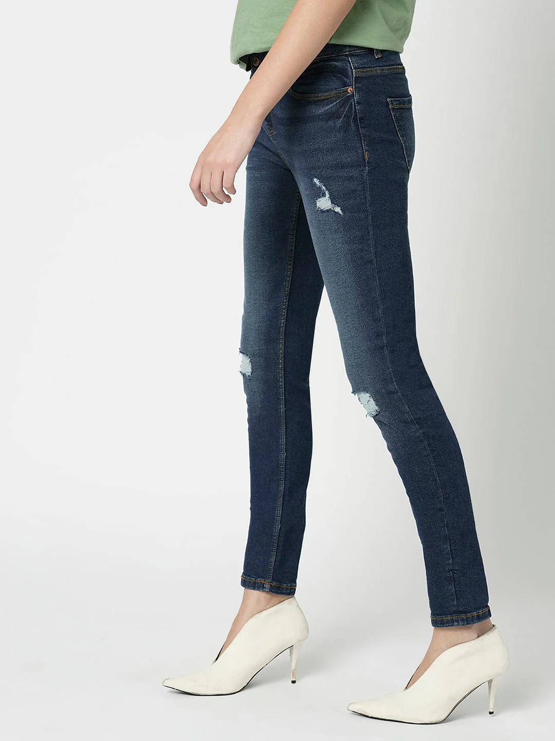 I.Scenery By Vero Moda Dark Blue Mid Rise Distressed Wendy Skinny Jeans - Image 3