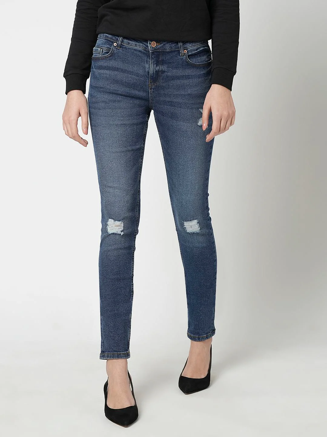 I.Scenery By Vero Moda Blue Mid Rise Distressed Skinny Jeans - Image 2