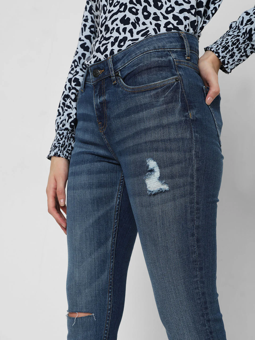Blue Mid Rise Ripped Skinny Jeans - Image 4