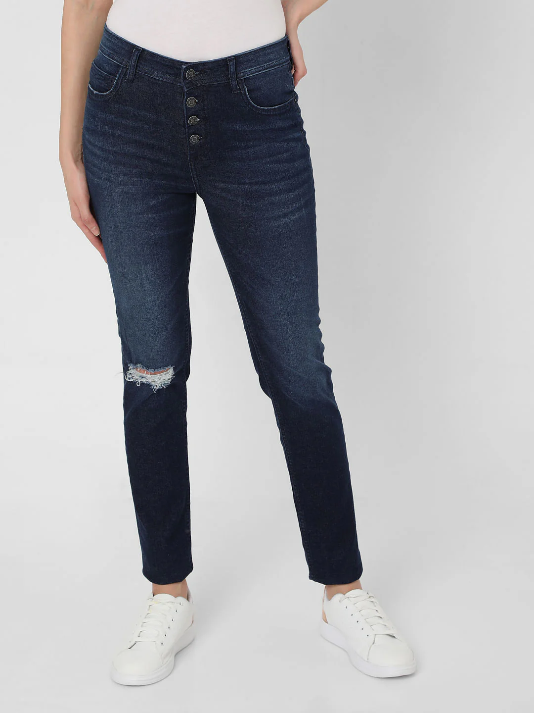 Dark Blue Mid Rise Ripped Skinny Jeans