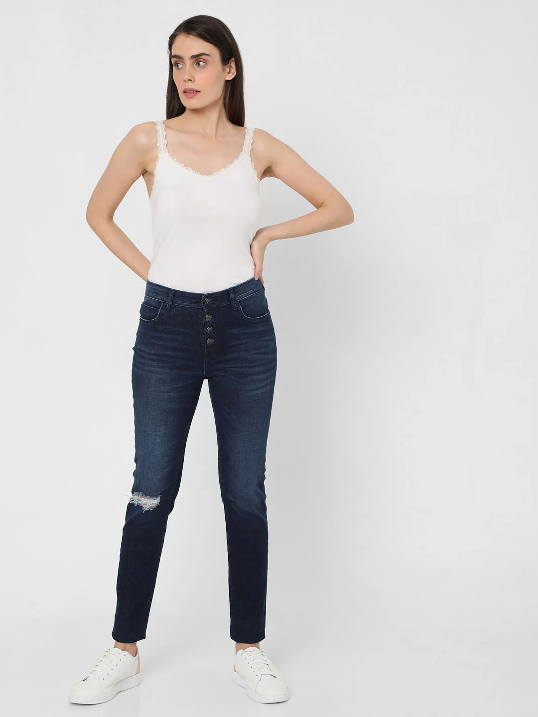 Dark Blue Mid Rise Ripped Skinny Jeans - Image 2