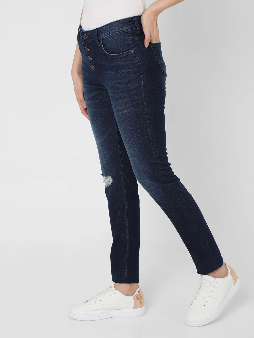 Dark Blue Mid Rise Ripped Skinny Jeans - Image 3