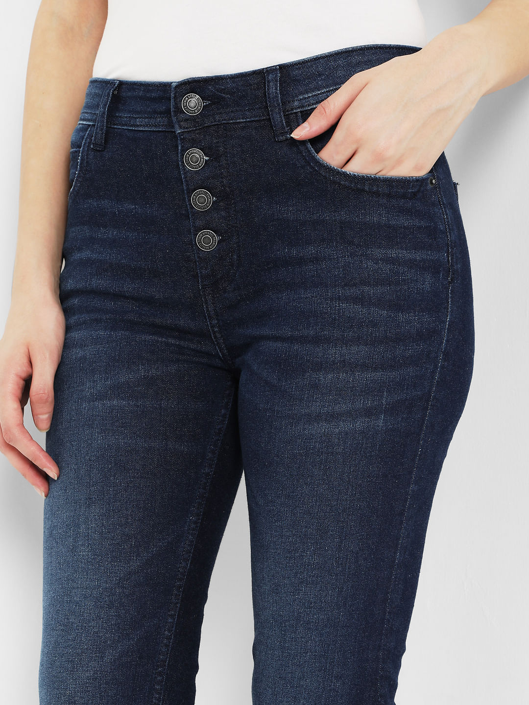Dark Blue Mid Rise Ripped Skinny Jeans - Image 5