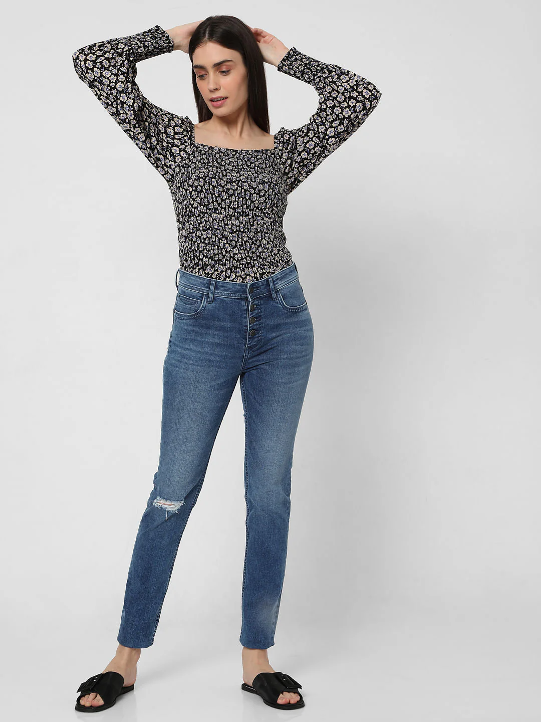 Blue Mid Rise Ripped Skinny Jeans - Image 2