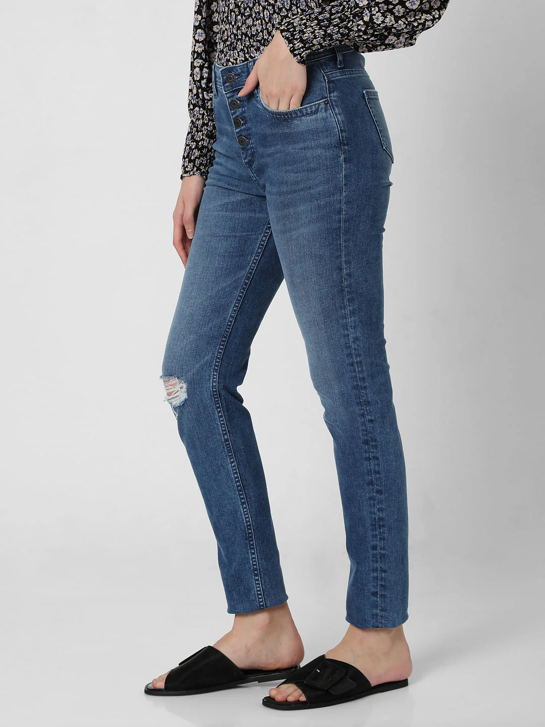Blue Mid Rise Ripped Skinny Jeans - Image 3