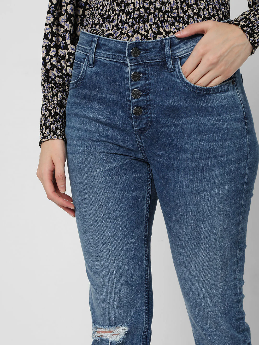 Blue Mid Rise Ripped Skinny Jeans - Image 5