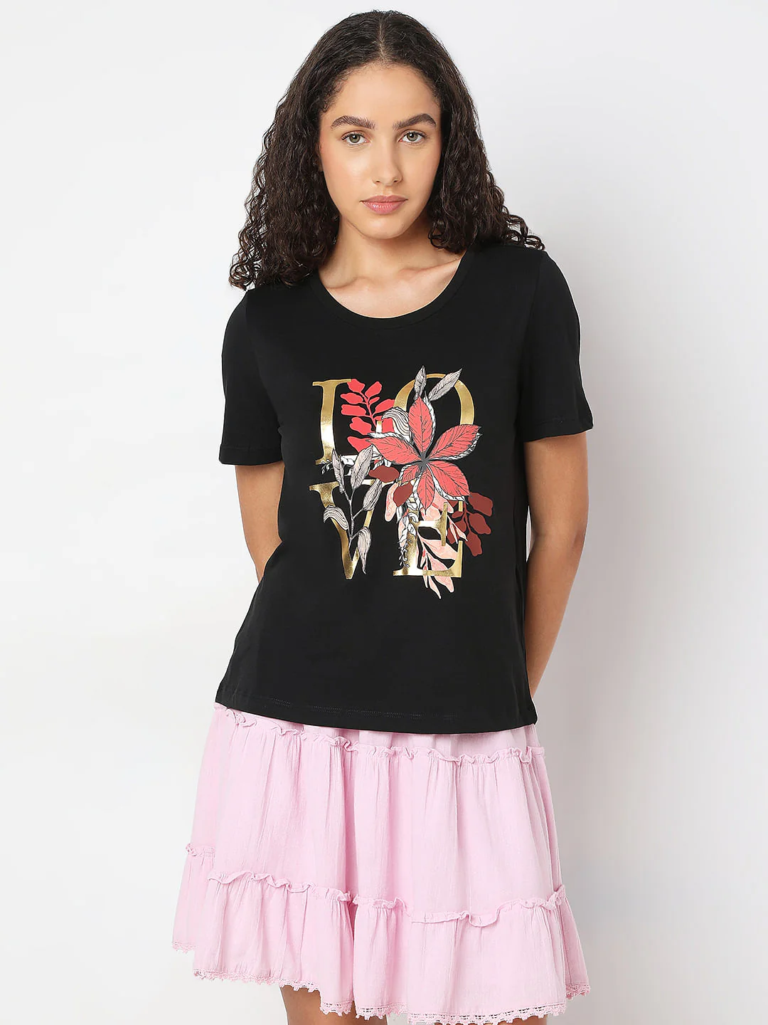 Black Round Neck Printed T-Shirt - Image 2