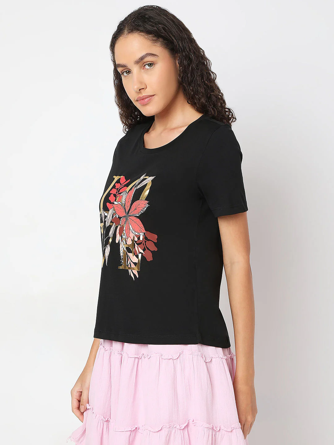 Black Round Neck Printed T-Shirt - Image 3