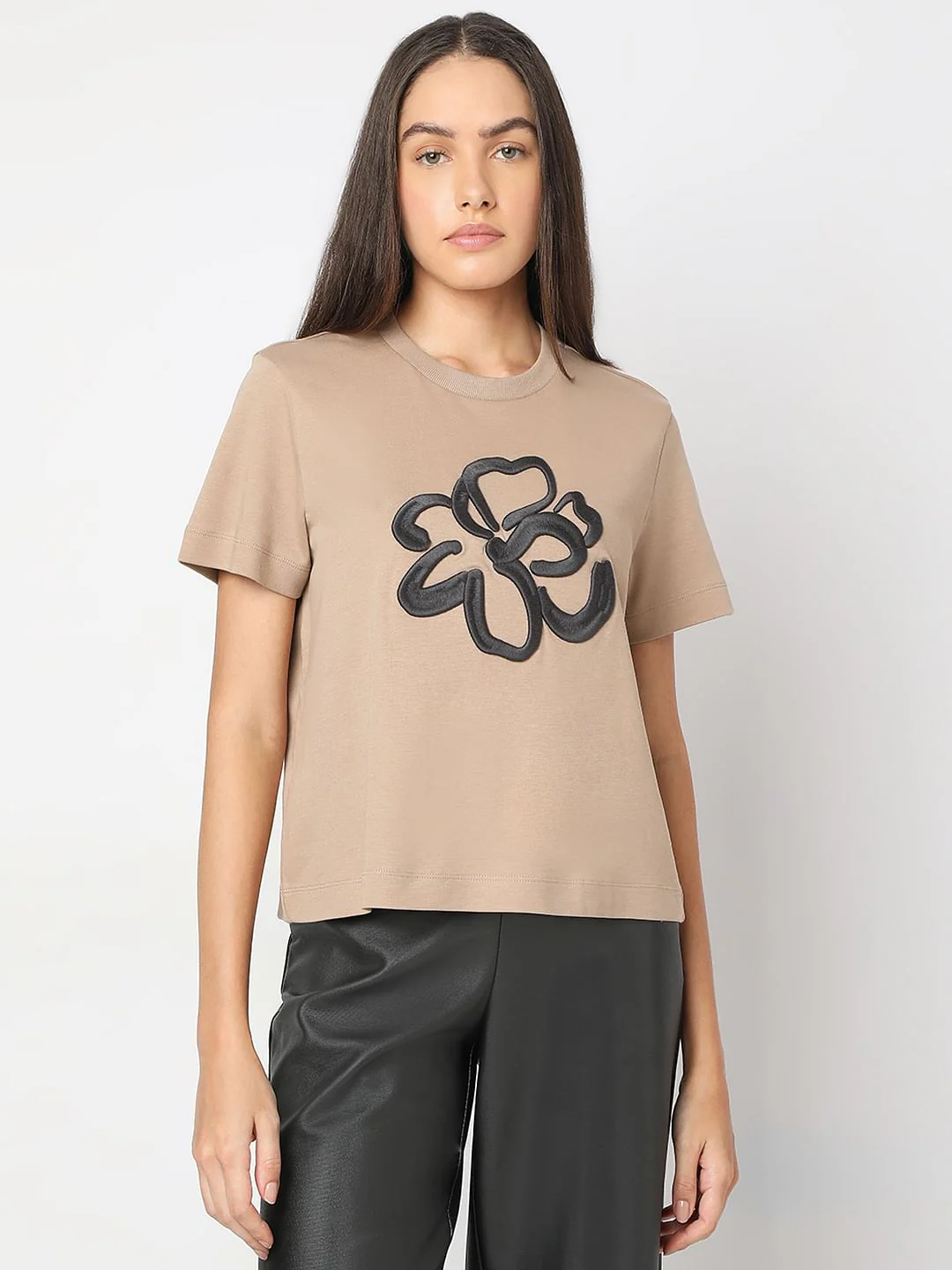 Beige Embroidered Organic Cotton T-Shirt - Image 2