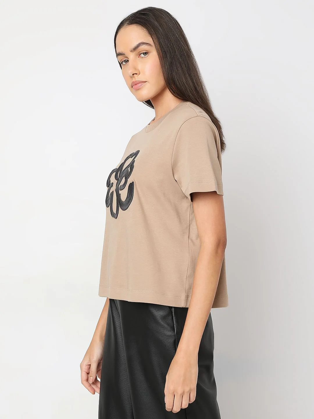 Beige Embroidered Organic Cotton T-Shirt - Image 3