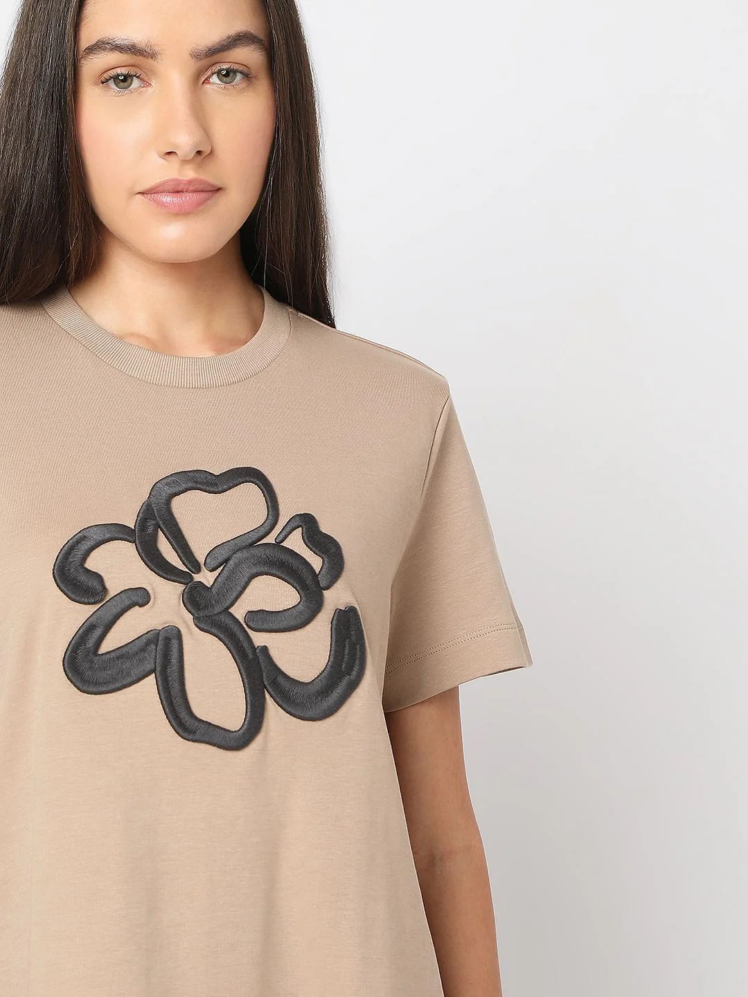 Beige Embroidered Organic Cotton T-Shirt - Image 6